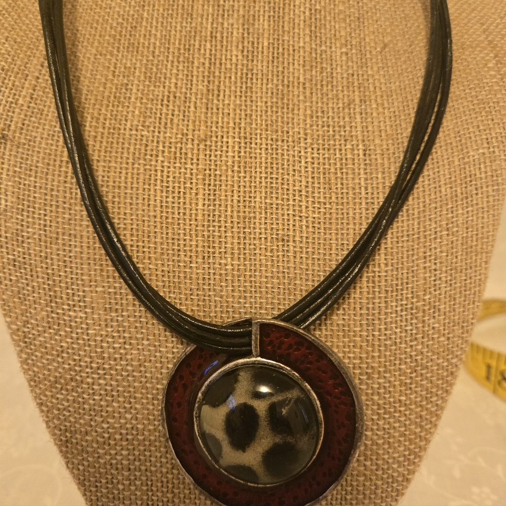 Chico's Black and Red Animal-Print Round Pendant Necklace